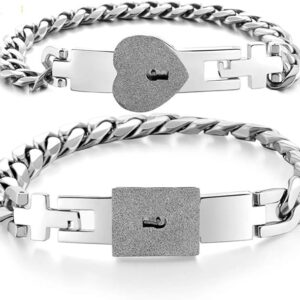 Stainless Steel Lover Heart Love Lock Key Bracelet Kit Couple Jewelry with Lock Key 2Pcs Sets Romantic Bracelet Gift for Valentines Day, Birthday, Christmas, Anniversary