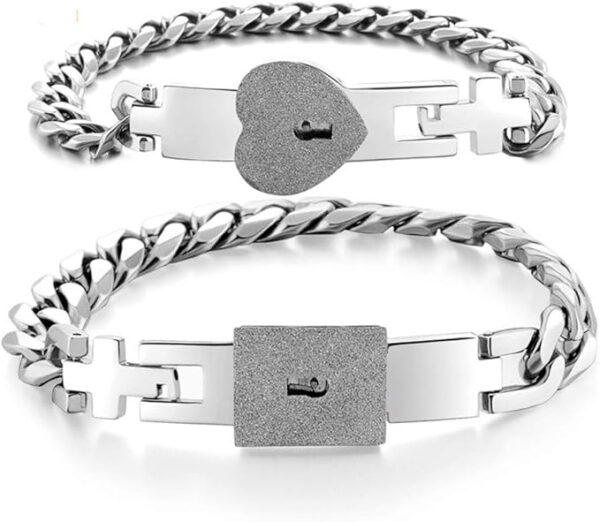 Stainless Steel Lover Heart Love Lock Key Bracelet Kit Couple Jewelry with Lock Key 2Pcs Sets Romantic Bracelet Gift for Valentines Day, Birthday, Christmas, Anniversary
